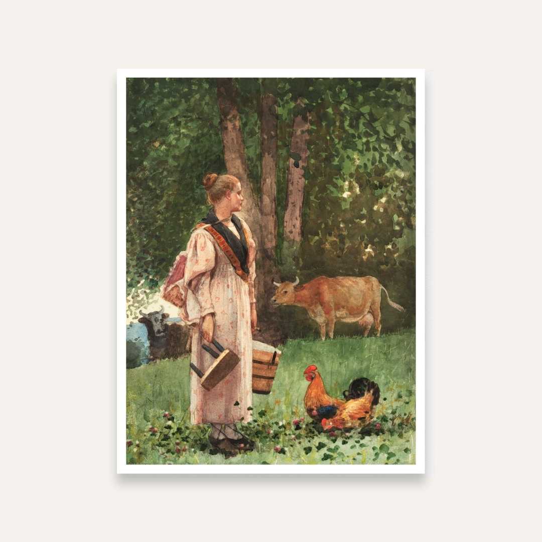 Village Scenery Painting for Living Room – The Milk Maid by Winslow Homer | Giclée Art Print 4 X 5.5 Vertical Premium Wall Art Canvas by MeriDeewar