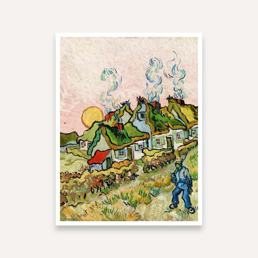 Village Scenery Painting for Living Room | Van Gogh Thatched Cottages Wall Art Print 3 : 4 Vertical Premium Wall Art Canvas by MeriDeewar