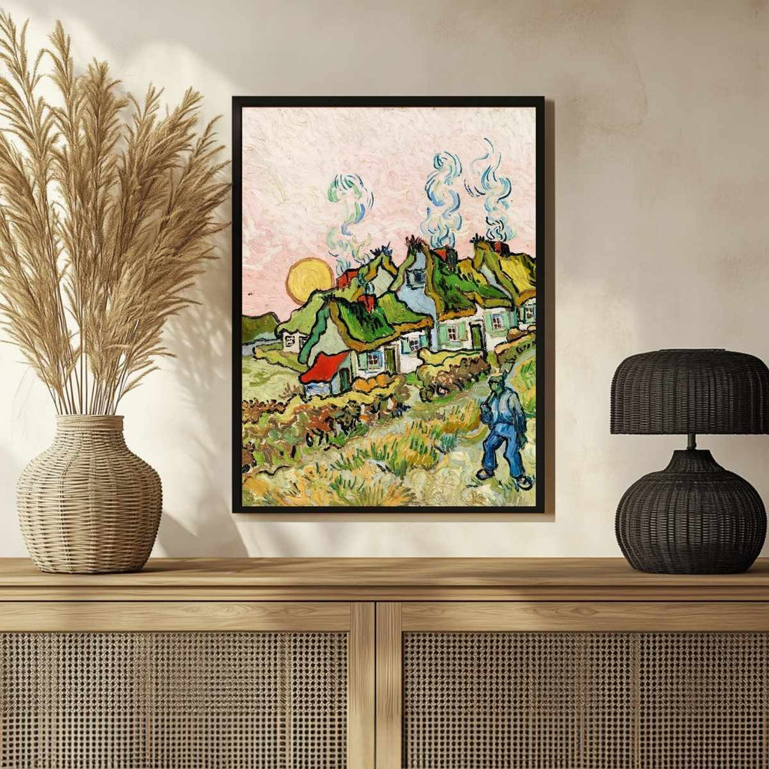 Village Scenery Painting for Living Room | Van Gogh Thatched Cottages Wall Art Print 3 : 4 Vertical Premium Wall Art Canvas by MeriDeewar