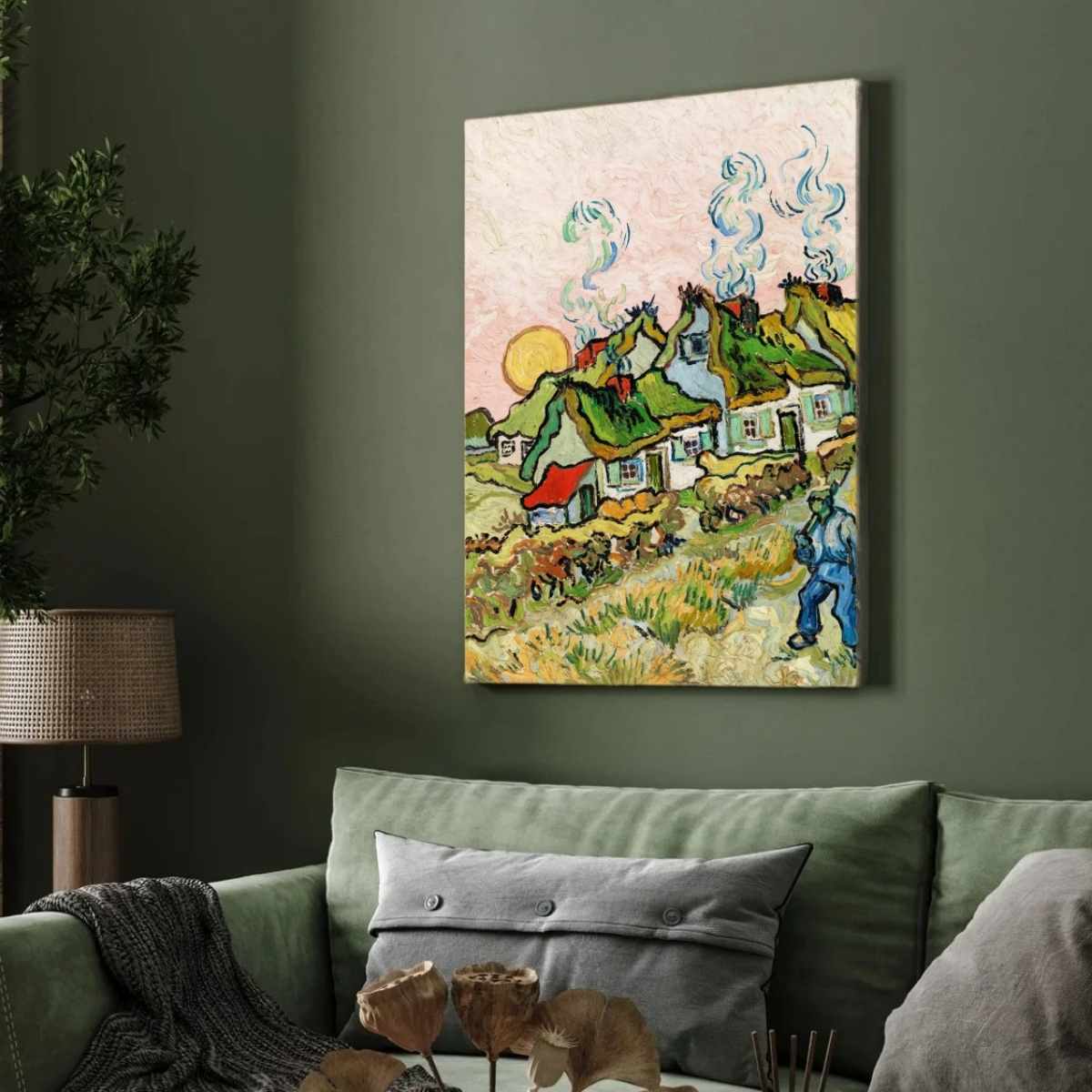 Village Scenery Painting for Living Room | Van Gogh Thatched Cottages Wall Art Print 3 : 4 Vertical Premium Wall Art Canvas by MeriDeewar