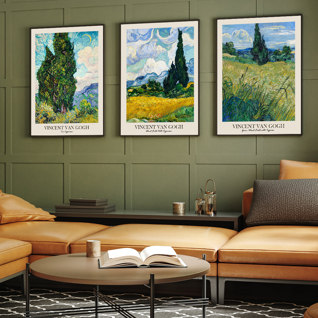 Vincent Van Gogh Green Wheat Field with Cypress set of 3 Walls Premium Wall Art Canvas by MeriDeewar