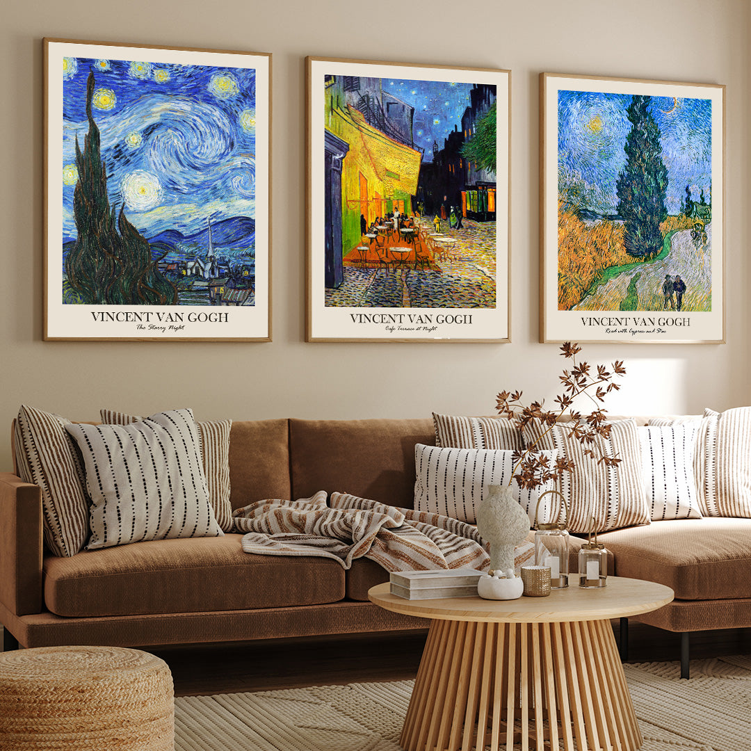 Vincent Van Gogh Night Scene Set Of 3 Walls Premium Wall Art Canvas by MeriDeewar