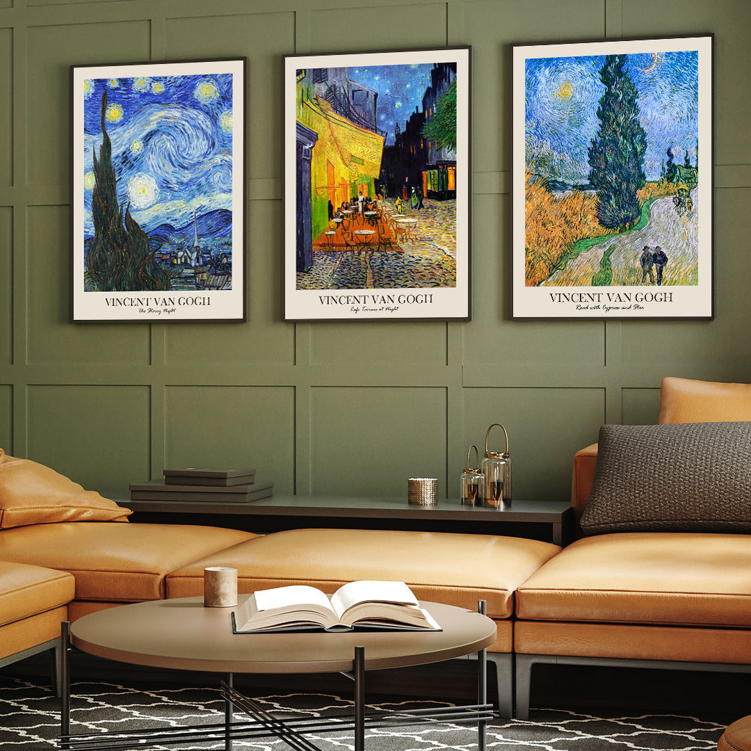 Vincent Van Gogh Night Scene Set Of 3 Walls Premium Wall Art Canvas by MeriDeewar