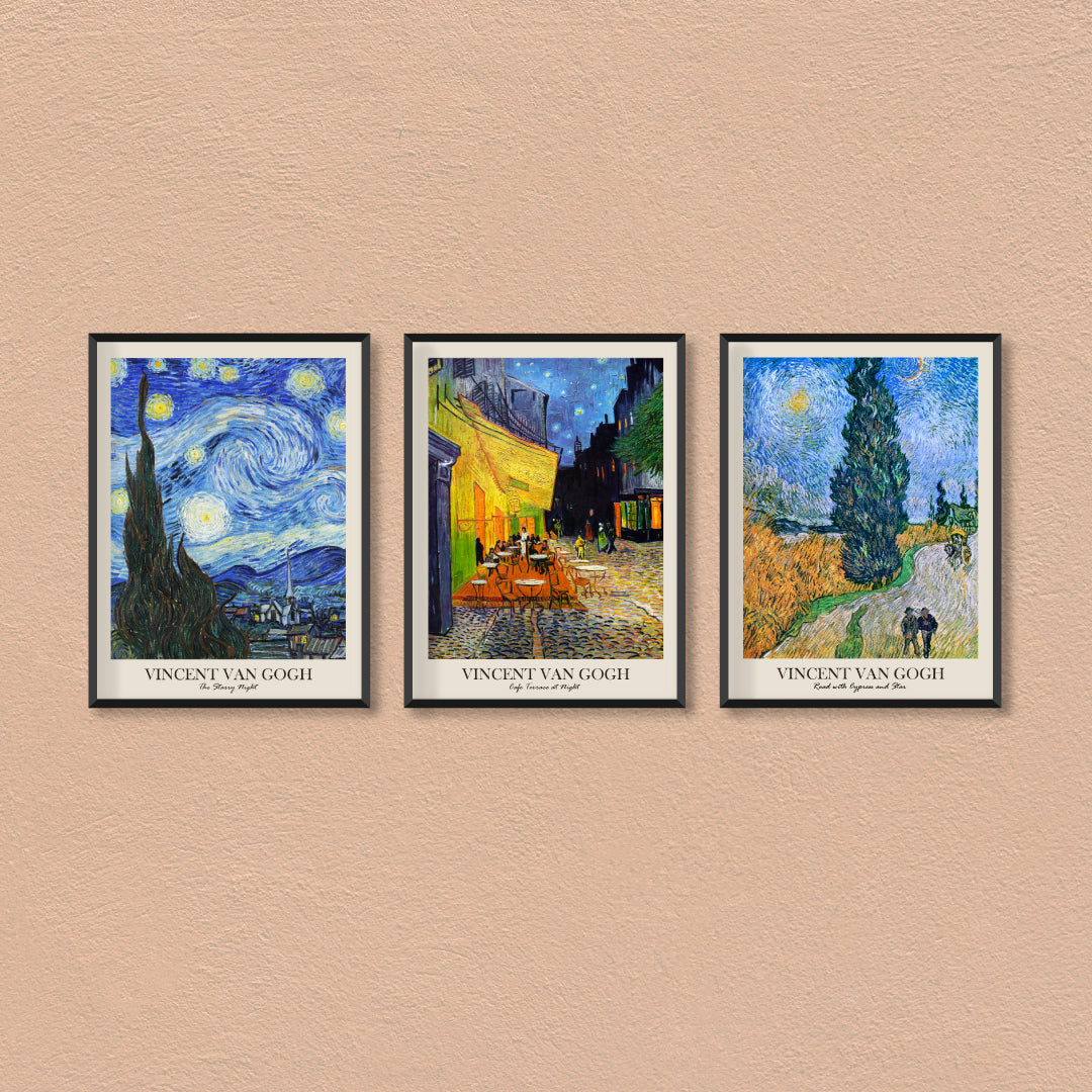 Vincent Van Gogh Night Scene Set Of 3 Walls Premium Wall Art Canvas by MeriDeewar