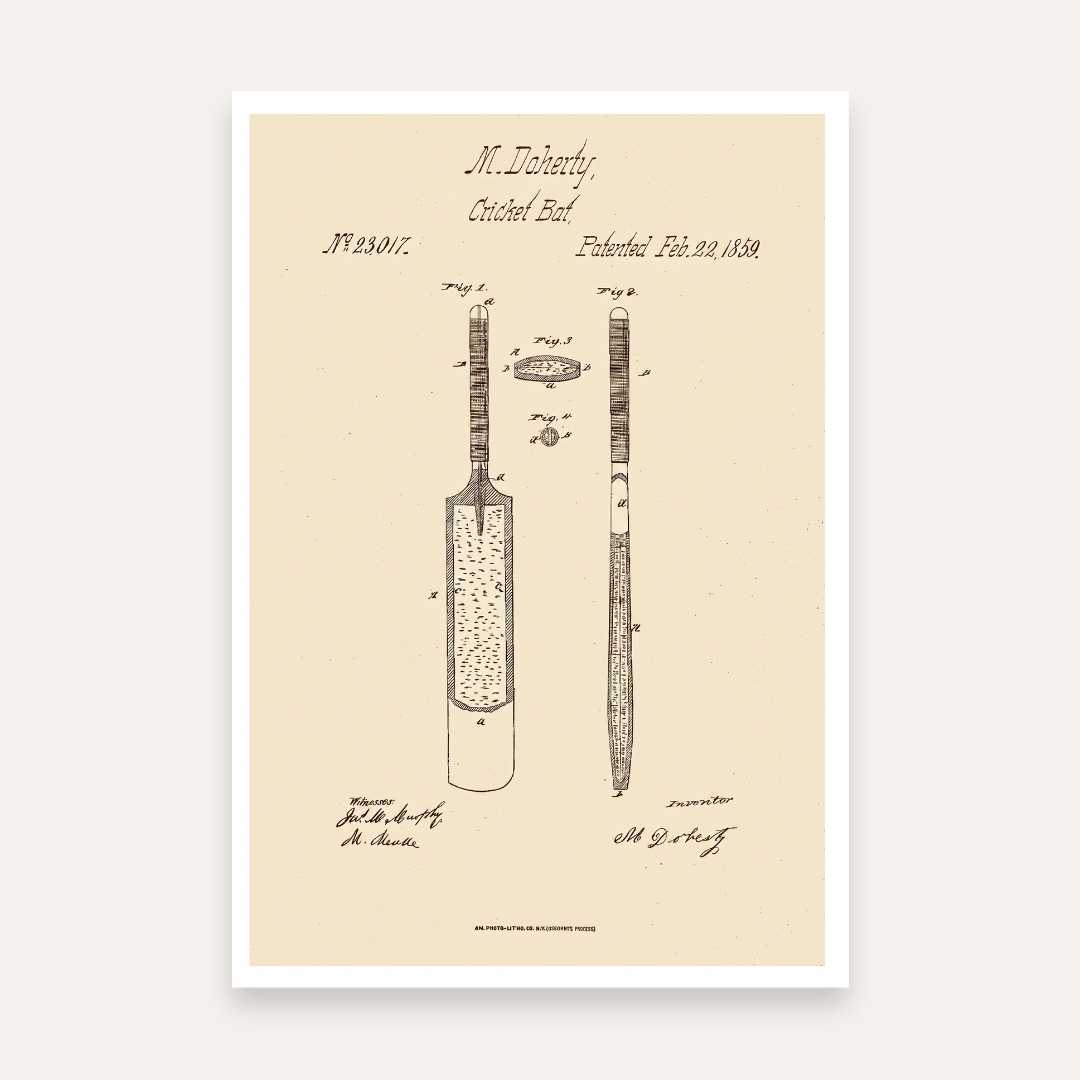 Vintage 1859 Cricket Bat Patent Print | Vertical Framed Wall Art 2 : 3 Vertical Premium Wall Art Canvas by MeriDeewar