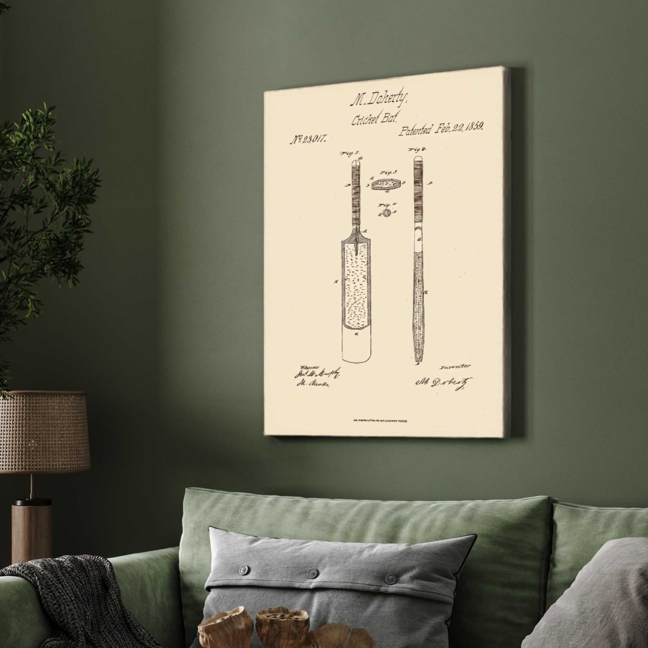 Vintage 1859 Cricket Bat Patent Print | Vertical Framed Wall Art 2 : 3 Vertical Premium Wall Art Canvas by MeriDeewar