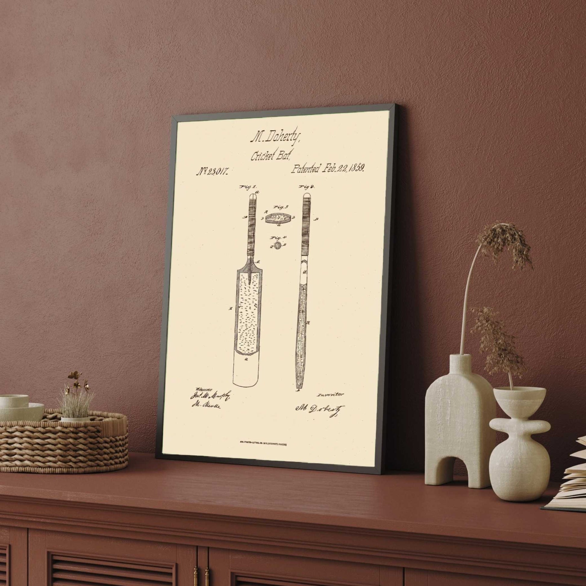 Vintage 1859 Cricket Bat Patent Print | Vertical Framed Wall Art 2 : 3 Vertical Premium Wall Art Canvas by MeriDeewar