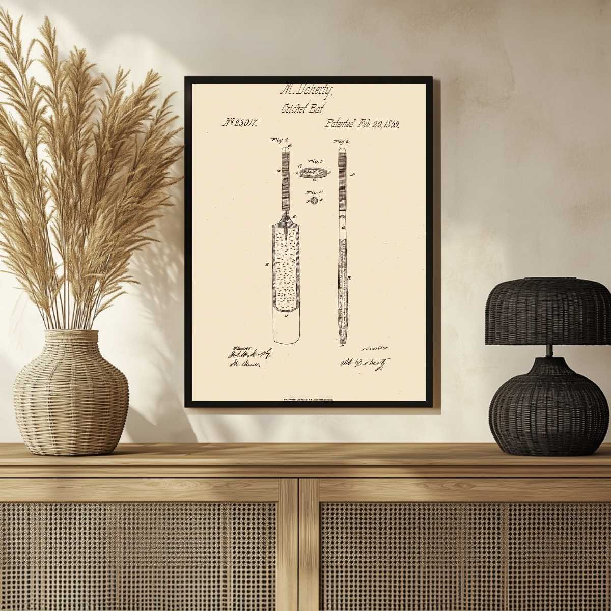 Vintage 1859 Cricket Bat Patent Print | Vertical Framed Wall Art 2 : 3 Vertical Premium Wall Art Canvas by MeriDeewar