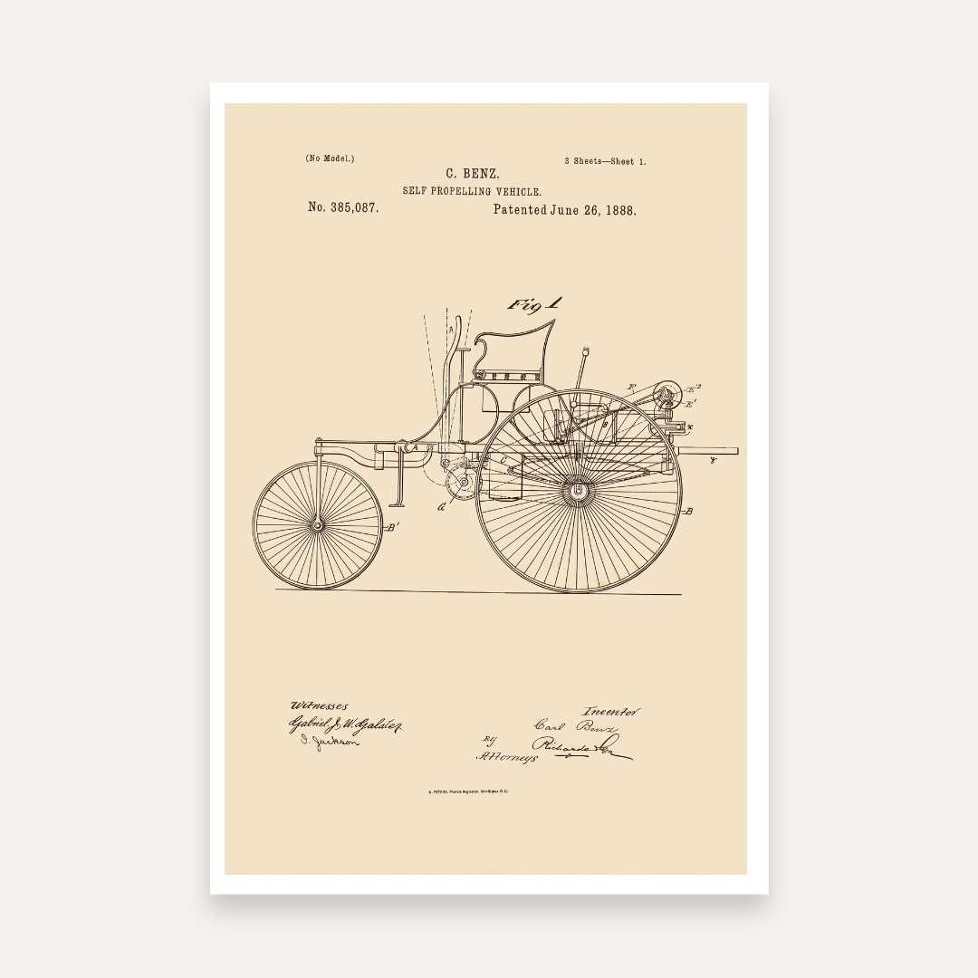 Vintage 1888 Automobile Patent Print | Vertical Framed Wall Art 2 : 3 Vertical Premium Wall Art Canvas by MeriDeewar