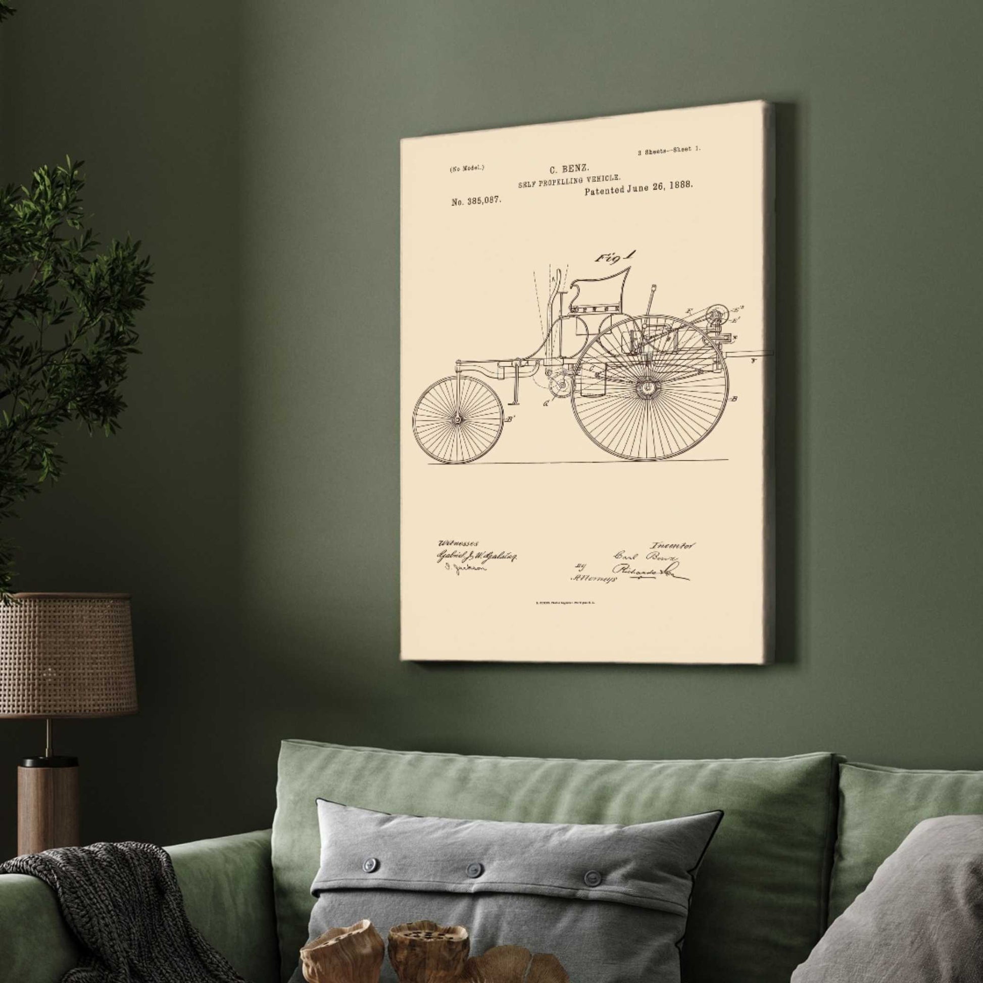 Vintage 1888 Automobile Patent Print | Vertical Framed Wall Art 2 : 3 Vertical Premium Wall Art Canvas by MeriDeewar