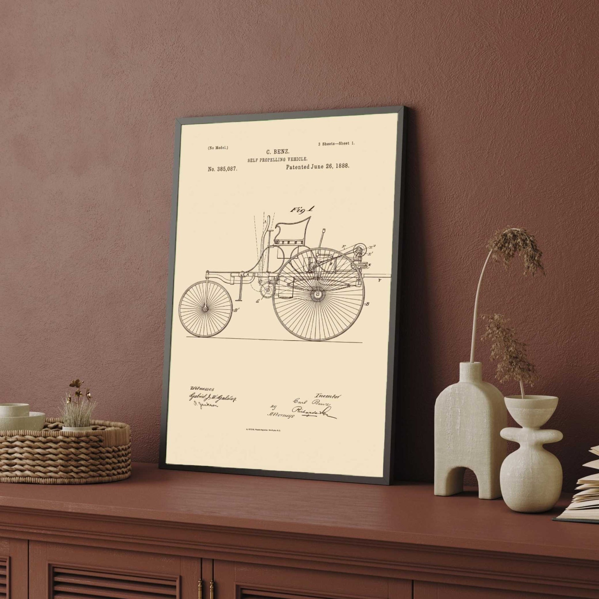 Vintage 1888 Automobile Patent Print | Vertical Framed Wall Art 2 : 3 Vertical Premium Wall Art Canvas by MeriDeewar