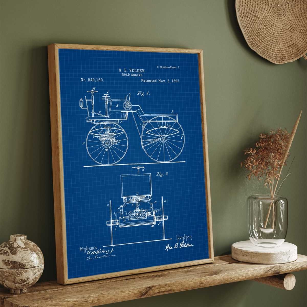 Vintage 1895 Road Engine Patent Print | Vertical Blueprint Framed Wall Art 2 : 3 Vertical Premium Wall Art Canvas by MeriDeewar