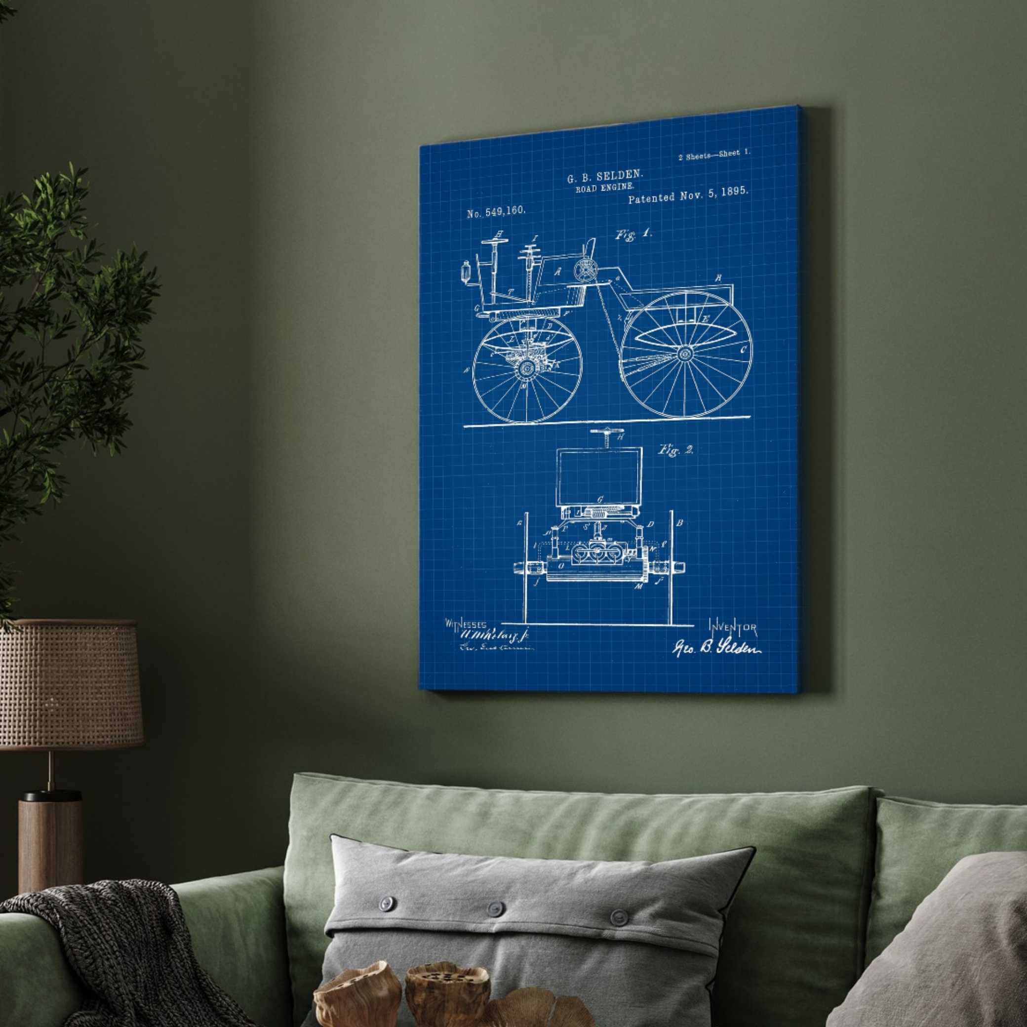 Vintage 1895 Road Engine Patent Print | Vertical Blueprint Framed Wall Art 2 : 3 Vertical Premium Wall Art Canvas by MeriDeewar