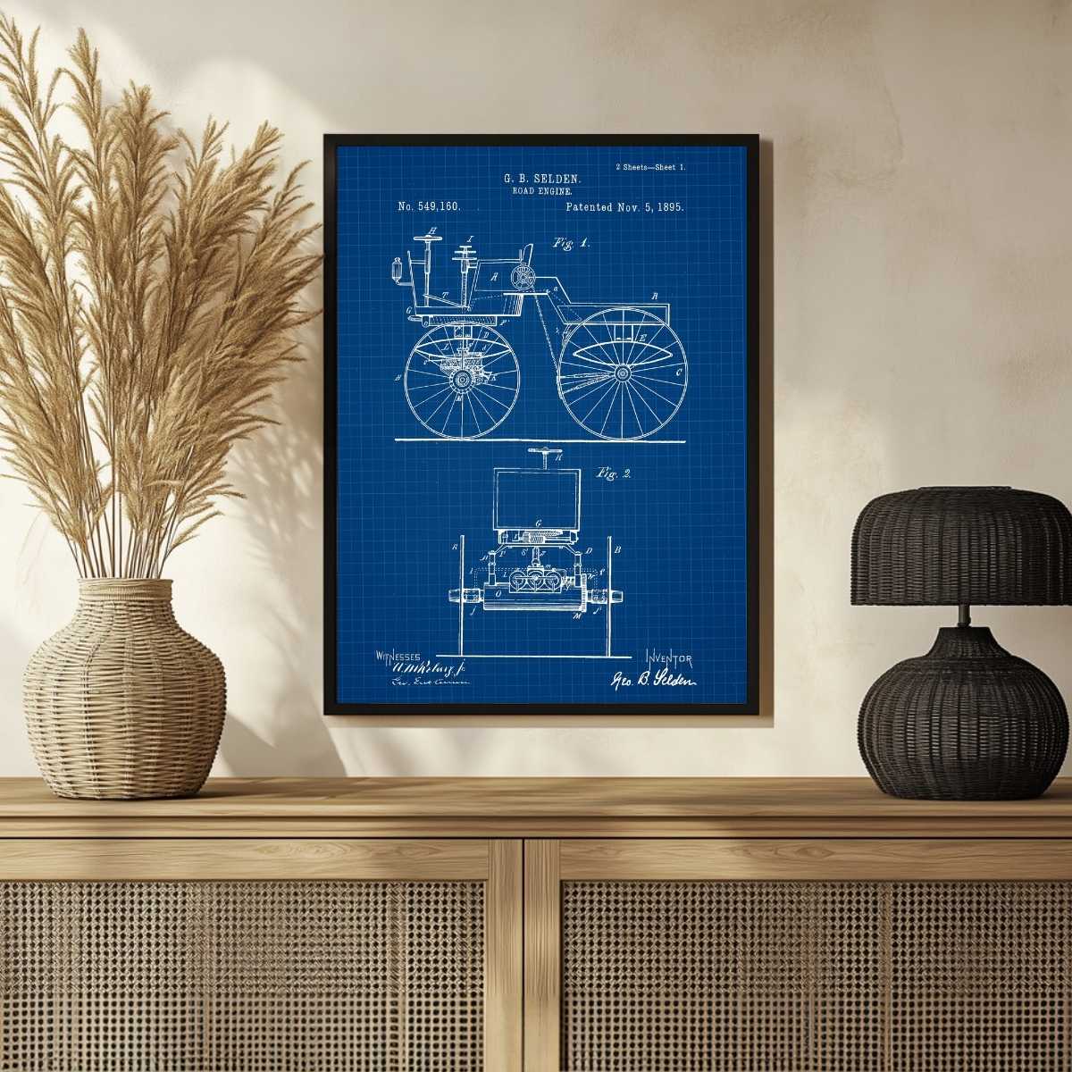Vintage 1895 Road Engine Patent Print | Vertical Blueprint Framed Wall Art 2 : 3 Vertical Premium Wall Art Canvas by MeriDeewar