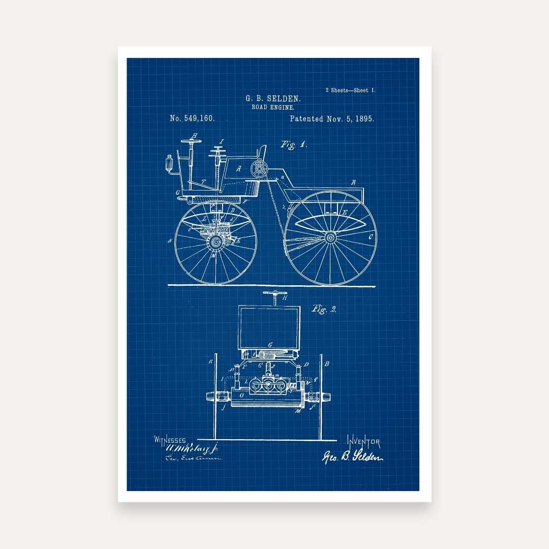 Vintage 1895 Road Engine Patent Print | Vertical Blueprint Framed Wall Art 2 : 3 Vertical Premium Wall Art Canvas by MeriDeewar