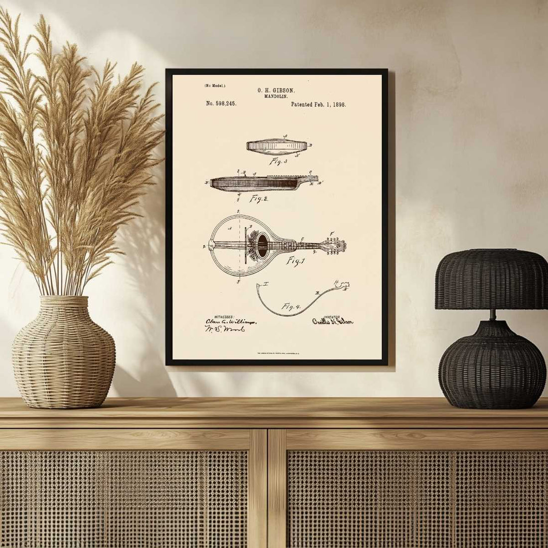 Vintage 1898 Mandolin Patent Print | Vertical Framed Wall Art 2 : 3 Vertical Premium Wall Art Canvas by MeriDeewar