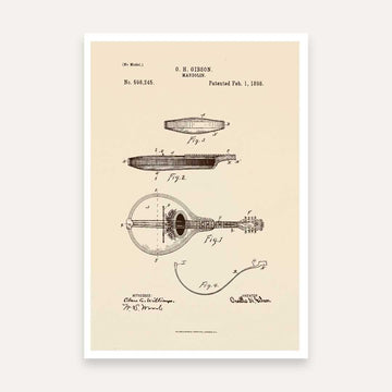 Vintage 1898 Mandolin Patent Print | Vertical Framed Wall Art 2 : 3 Vertical Premium Wall Art Canvas by MeriDeewar