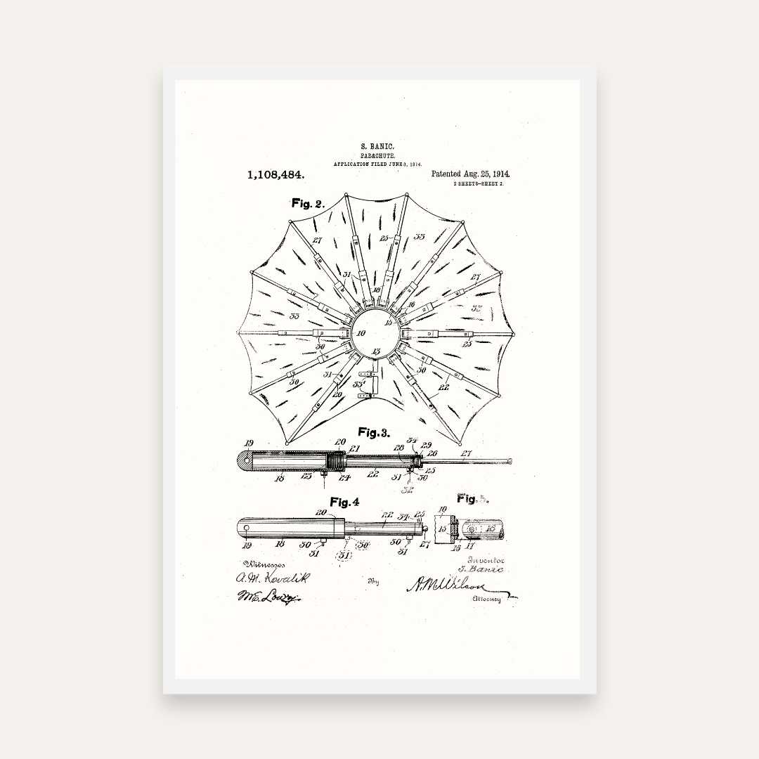 Vintage 1914  Parachute Patent Print | Vertical Framed Wall Art 2 : 3 Vertical Premium Wall Art Canvas by MeriDeewar