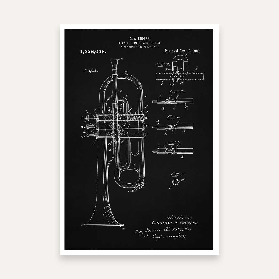 Vintage 1920 Trumpet Patent Print | Vertical Chalkboard Framed Wall Art 2 : 3 Vertical Premium Wall Art Canvas by MeriDeewar