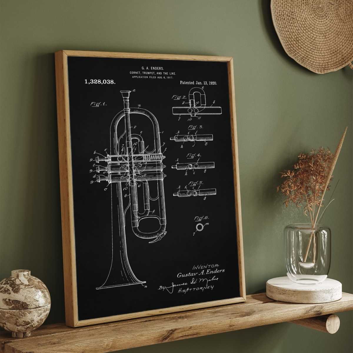 Vintage 1920 Trumpet Patent Print | Vertical Chalkboard Framed Wall Art 2 : 3 Vertical Premium Wall Art Canvas by MeriDeewar