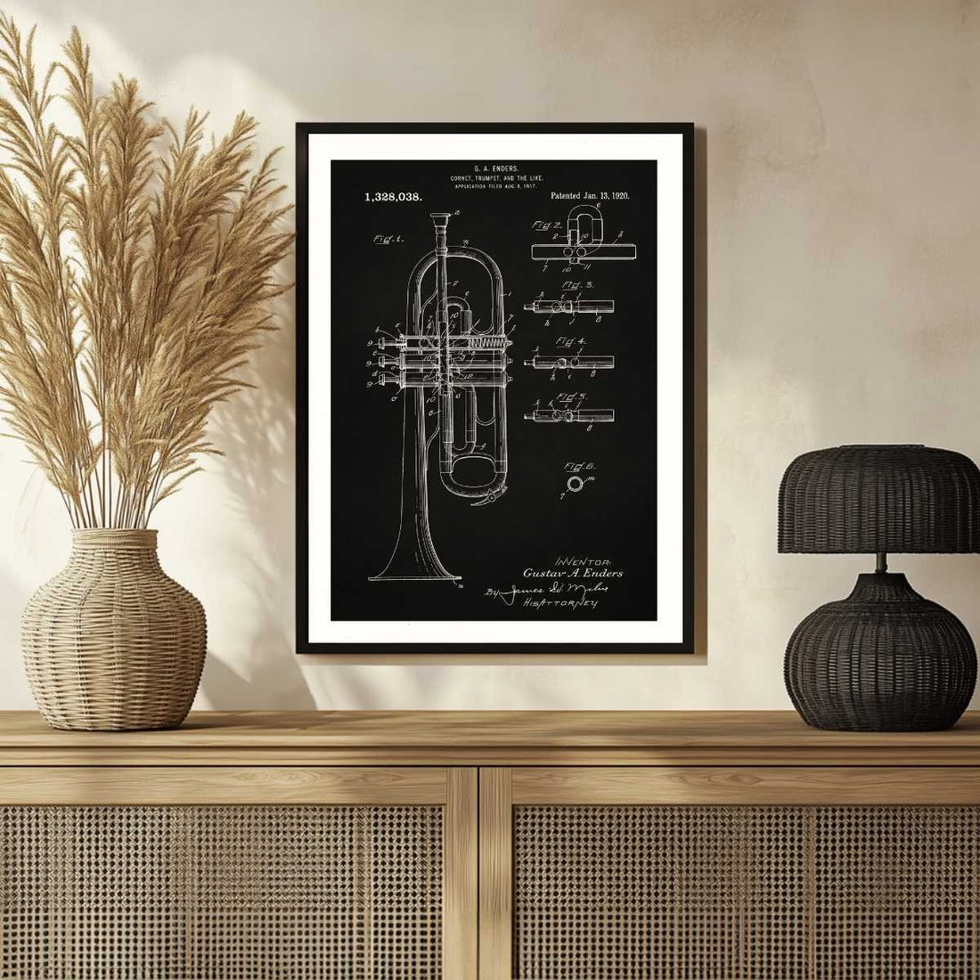 Vintage 1920 Trumpet Patent Print | Vertical Chalkboard Framed Wall Art 2 : 3 Vertical Premium Wall Art Canvas by MeriDeewar