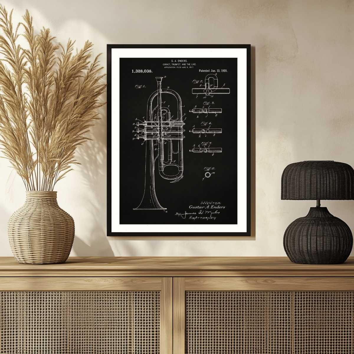Vintage 1920 Trumpet Patent Print | Vertical Chalkboard Framed Wall Art 2 : 3 Vertical Premium Wall Art Canvas by MeriDeewar