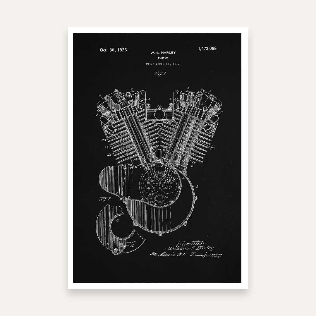 Vintage 1923 V-Twin Engine Patent Print | Vertical Chalkboard Framed Wall Art 2 : 3 Vertical Premium Wall Art Canvas by MeriDeewar