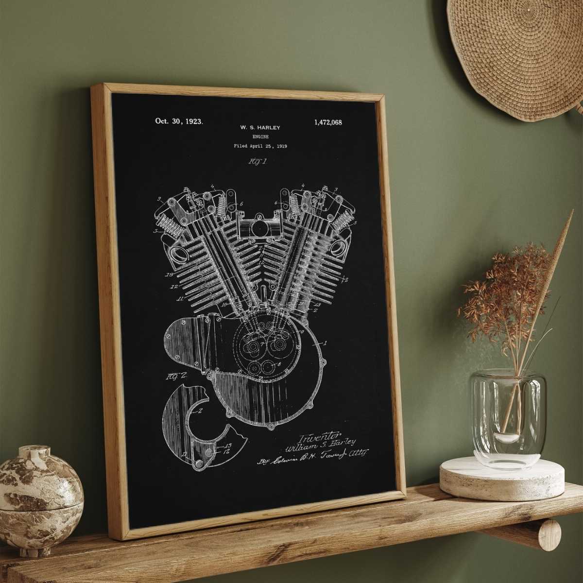 Vintage 1923 V-Twin Engine Patent Print | Vertical Chalkboard Framed Wall Art 2 : 3 Vertical Premium Wall Art Canvas by MeriDeewar