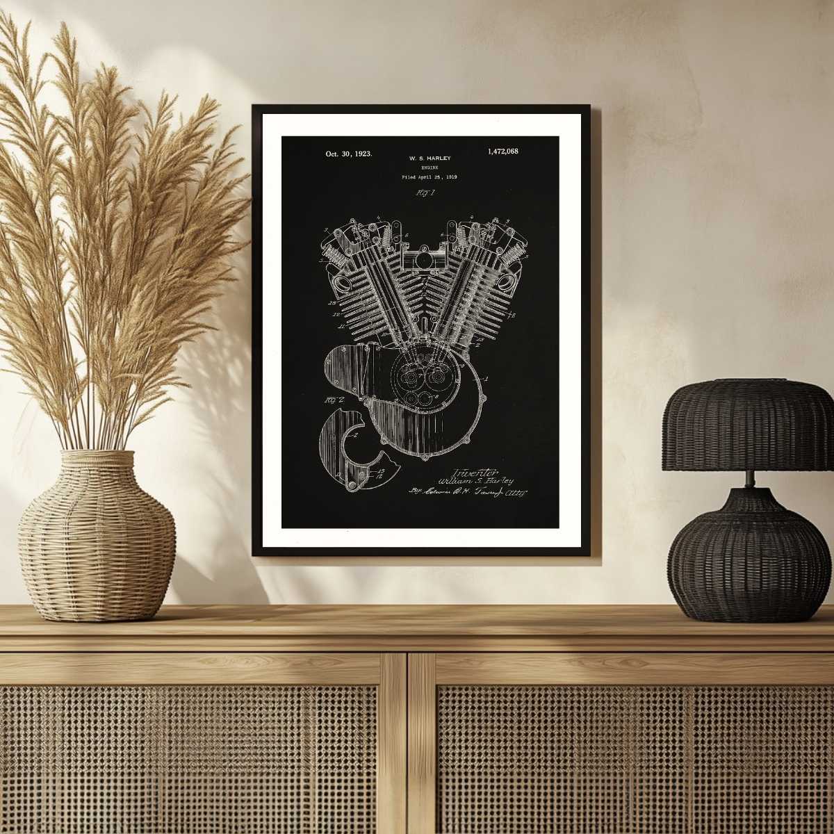 Vintage 1923 V-Twin Engine Patent Print | Vertical Chalkboard Framed Wall Art 2 : 3 Vertical Premium Wall Art Canvas by MeriDeewar
