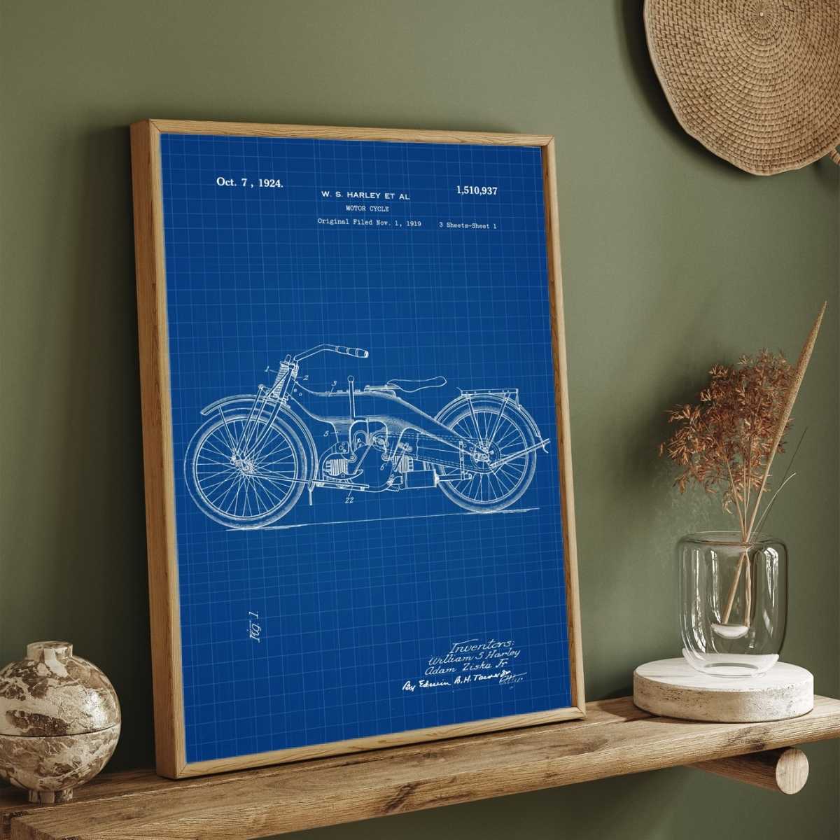 Vintage 1924 Motorcycle Patent Print | Vertical Blueprint Framed Wall Art 2 : 3 Vertical Premium Wall Art Canvas by MeriDeewar