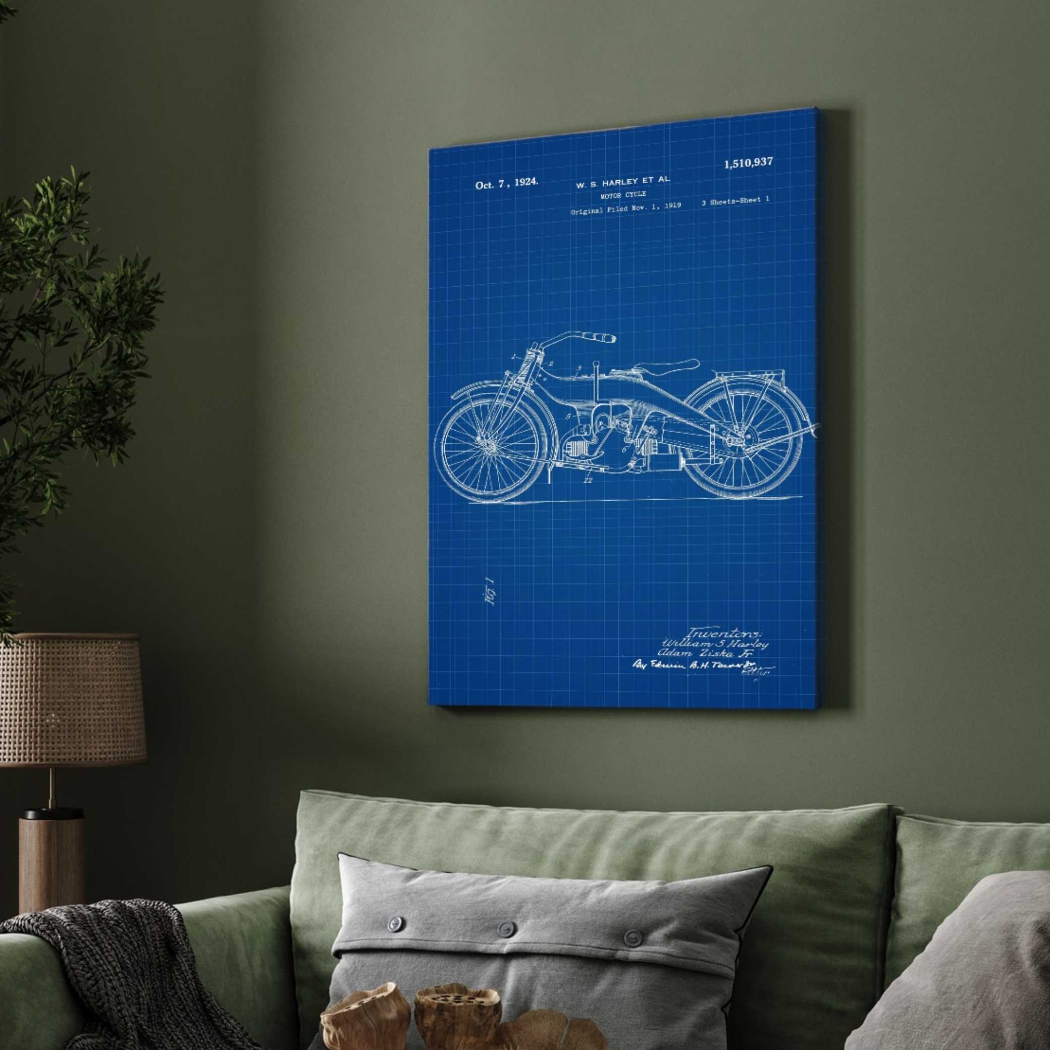 Vintage 1924 Motorcycle Patent Print | Vertical Blueprint Framed Wall Art 2 : 3 Vertical Premium Wall Art Canvas by MeriDeewar