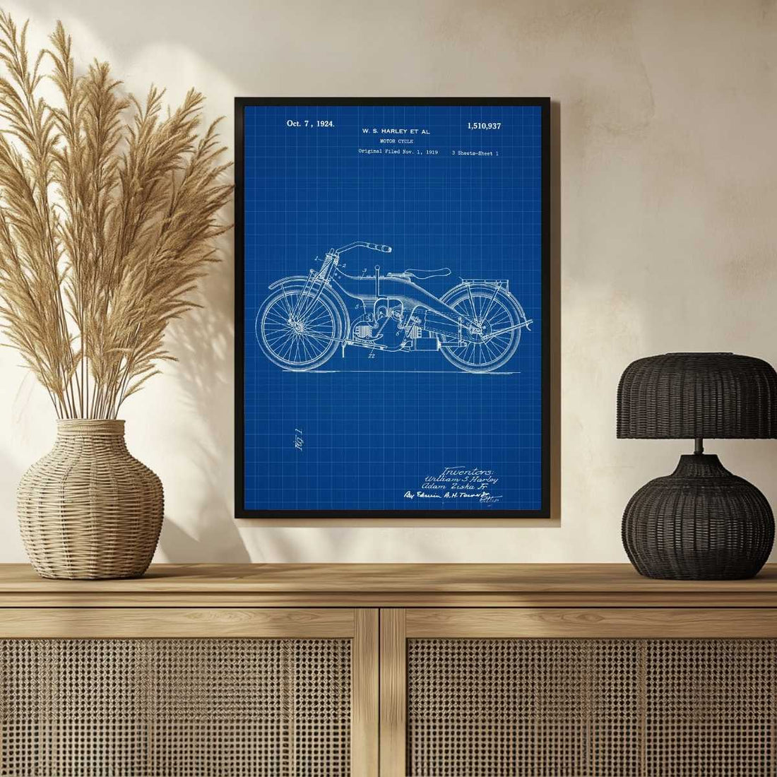 Vintage 1924 Motorcycle Patent Print | Vertical Blueprint Framed Wall Art 2 : 3 Vertical Premium Wall Art Canvas by MeriDeewar