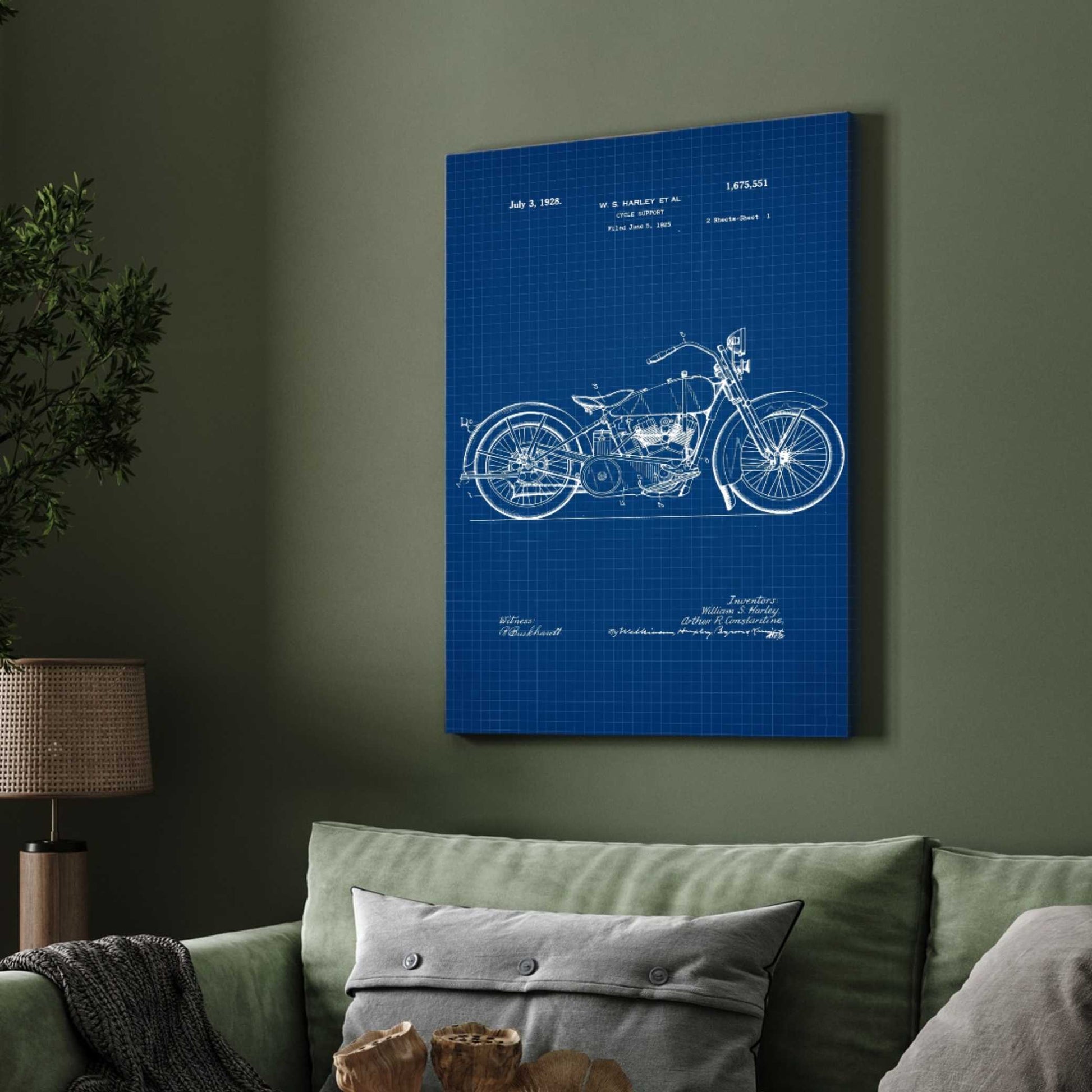 Vintage 1928  Motorcycle Support Patent Print | Vertical Blueprint Framed Wall Art 2 : 3 Vertical Premium Wall Art Canvas by MeriDeewar