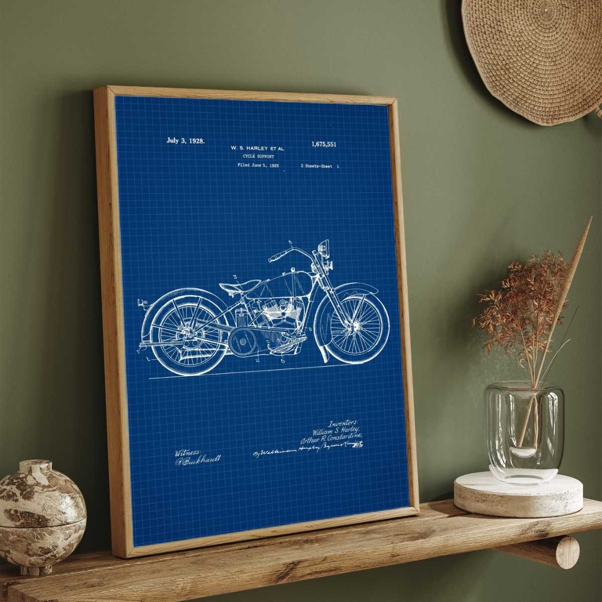 Vintage 1928  Motorcycle Support Patent Print | Vertical Blueprint Framed Wall Art 2 : 3 Vertical Premium Wall Art Canvas by MeriDeewar