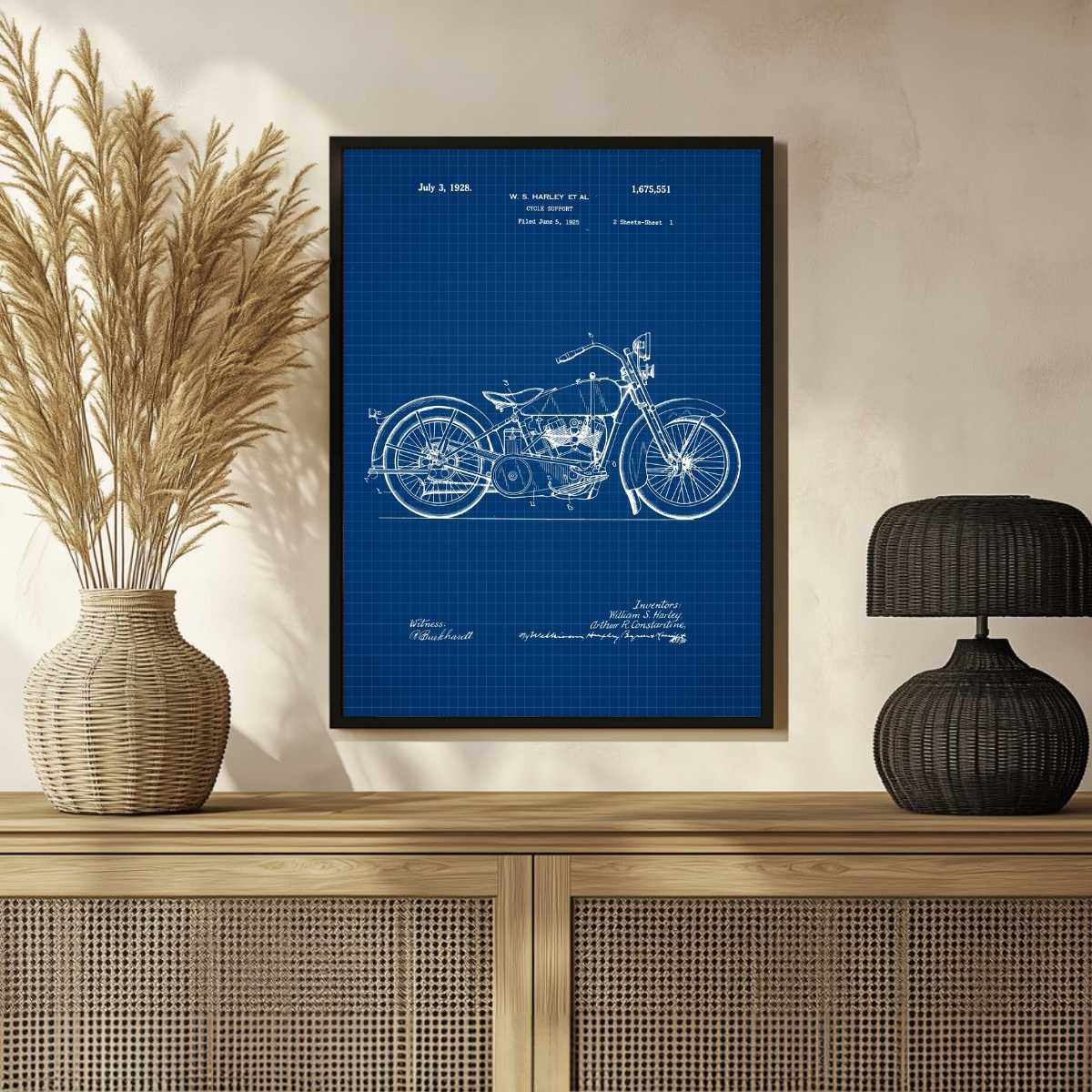 Vintage 1928  Motorcycle Support Patent Print | Vertical Blueprint Framed Wall Art 2 : 3 Vertical Premium Wall Art Canvas by MeriDeewar