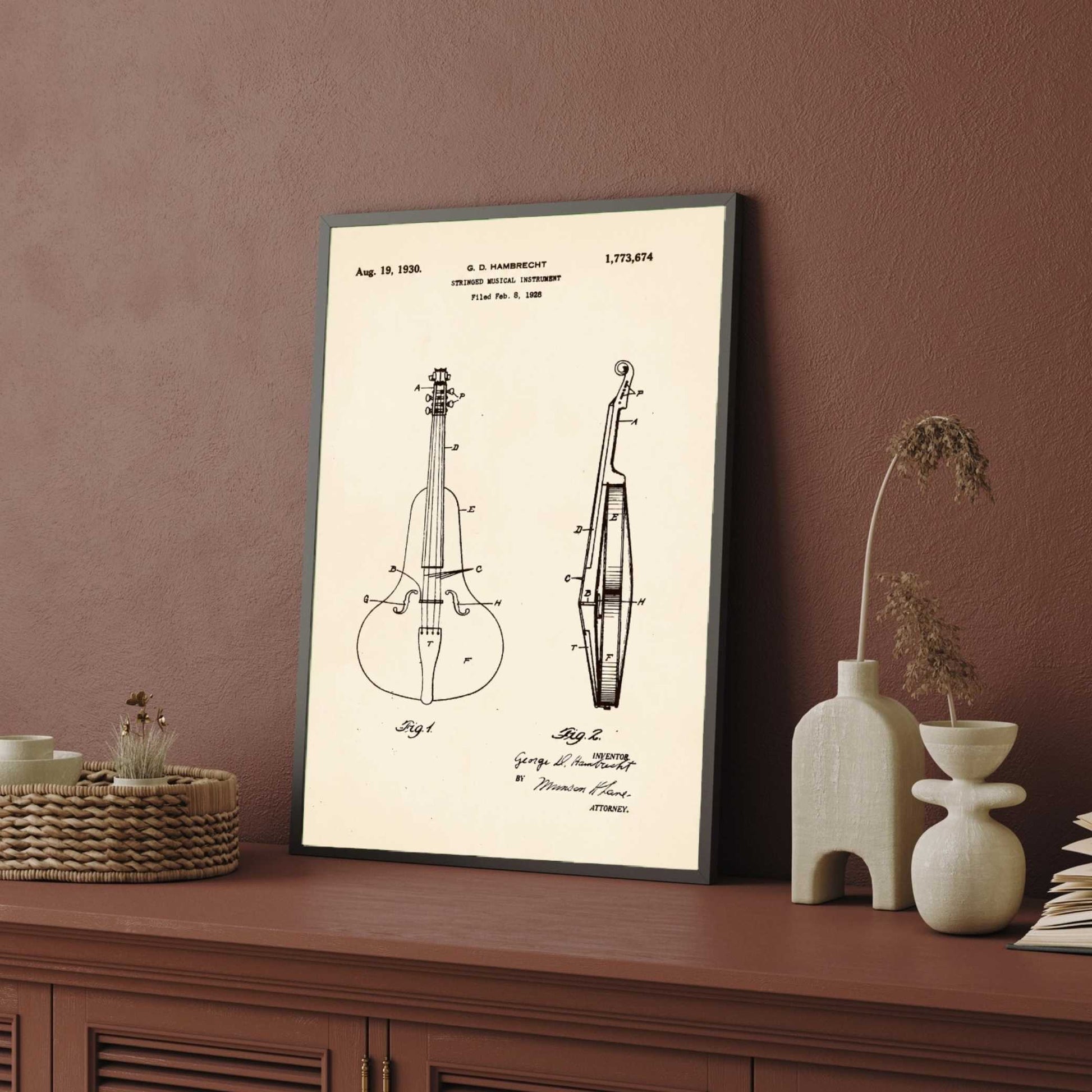 Vintage 1930 Stringed Musical Instrument Patent Print | Vertical Framed Wall Art 2 : 3 Vertical Premium Wall Art Canvas by MeriDeewar