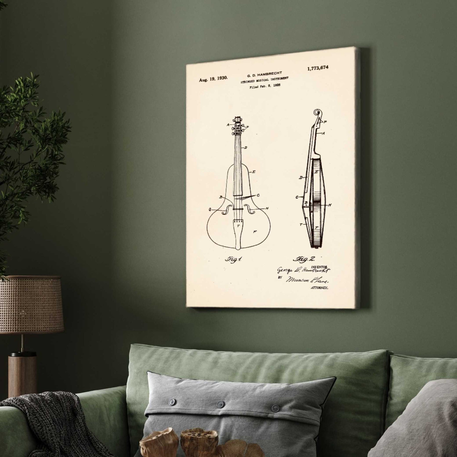 Vintage 1930 Stringed Musical Instrument Patent Print | Vertical Framed Wall Art 2 : 3 Vertical Premium Wall Art Canvas by MeriDeewar