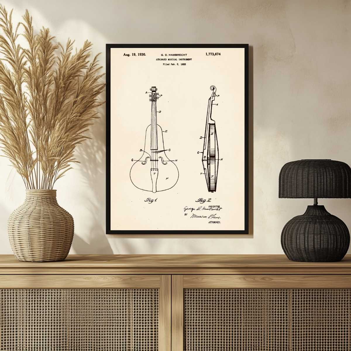 Vintage 1930 Stringed Musical Instrument Patent Print | Vertical Framed Wall Art 2 : 3 Vertical Premium Wall Art Canvas by MeriDeewar