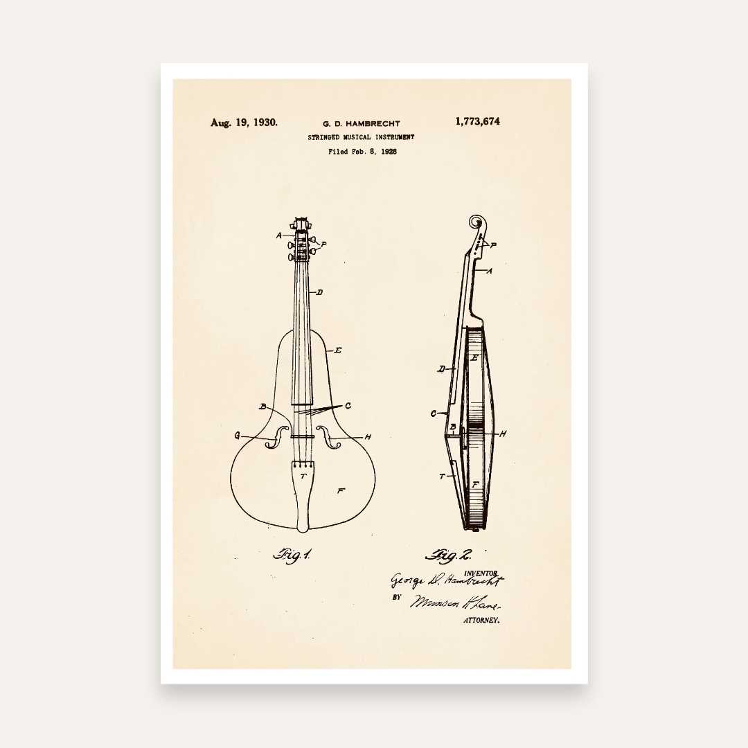 Vintage 1930 Stringed Musical Instrument Patent Print | Vertical Framed Wall Art 2 : 3 Vertical Premium Wall Art Canvas by MeriDeewar