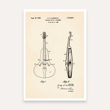 Vintage 1930 Stringed Musical Instrument Patent Print | Vertical Framed Wall Art 2 : 3 Vertical Premium Wall Art Canvas by MeriDeewar