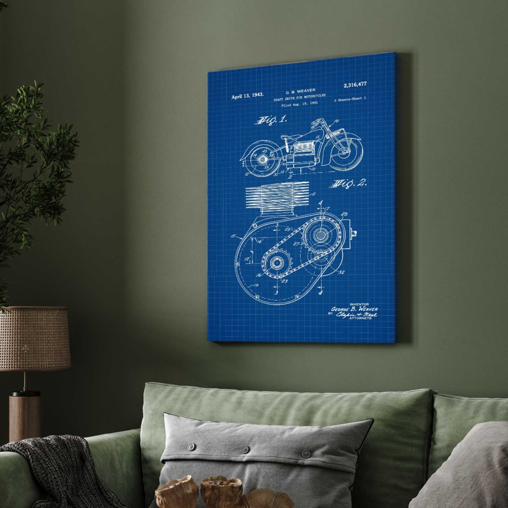 Vintage 1943 Motorcycle Patent Print | Vertical Blueprint Framed Wall Art 2 : 3 Vertical Premium Wall Art Canvas by MeriDeewar