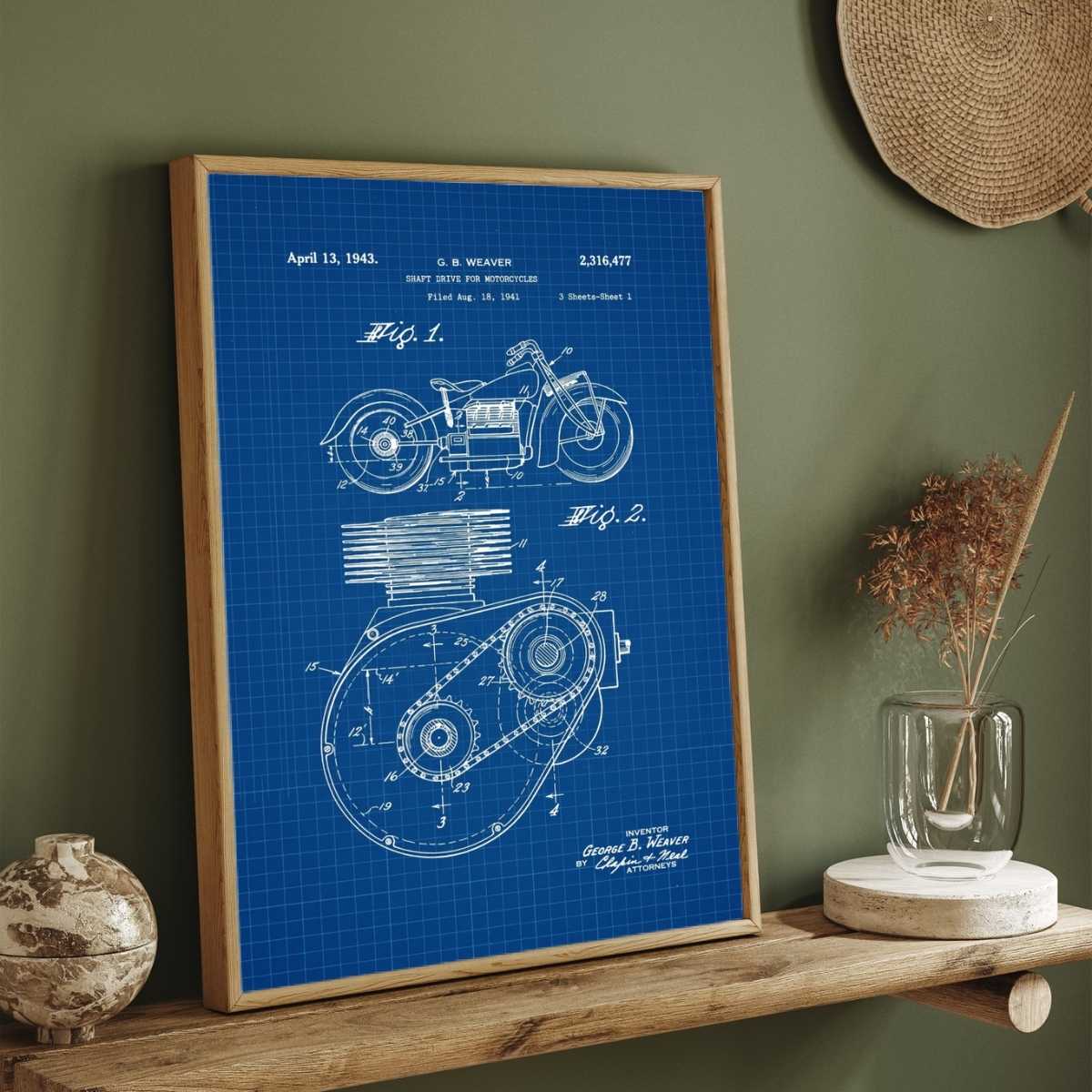 Vintage 1943 Motorcycle Patent Print | Vertical Blueprint Framed Wall Art 2 : 3 Vertical Premium Wall Art Canvas by MeriDeewar