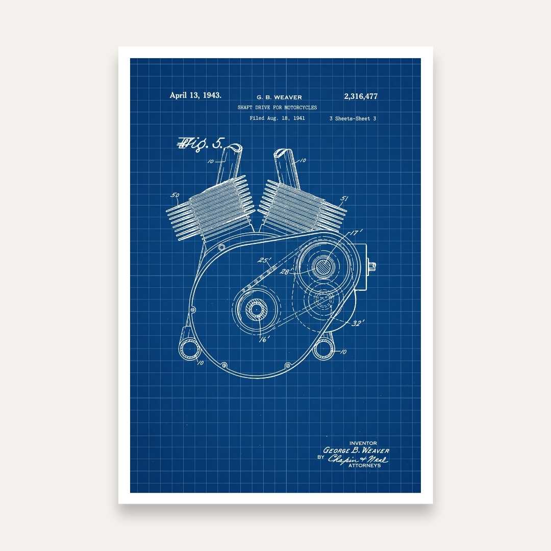 Vintage 1943 Motorcycle Shaft Drive Patent Print | Vertical Blueprint Framed Wall Art 2 : 3 Vertical Premium Wall Art Canvas by MeriDeewar