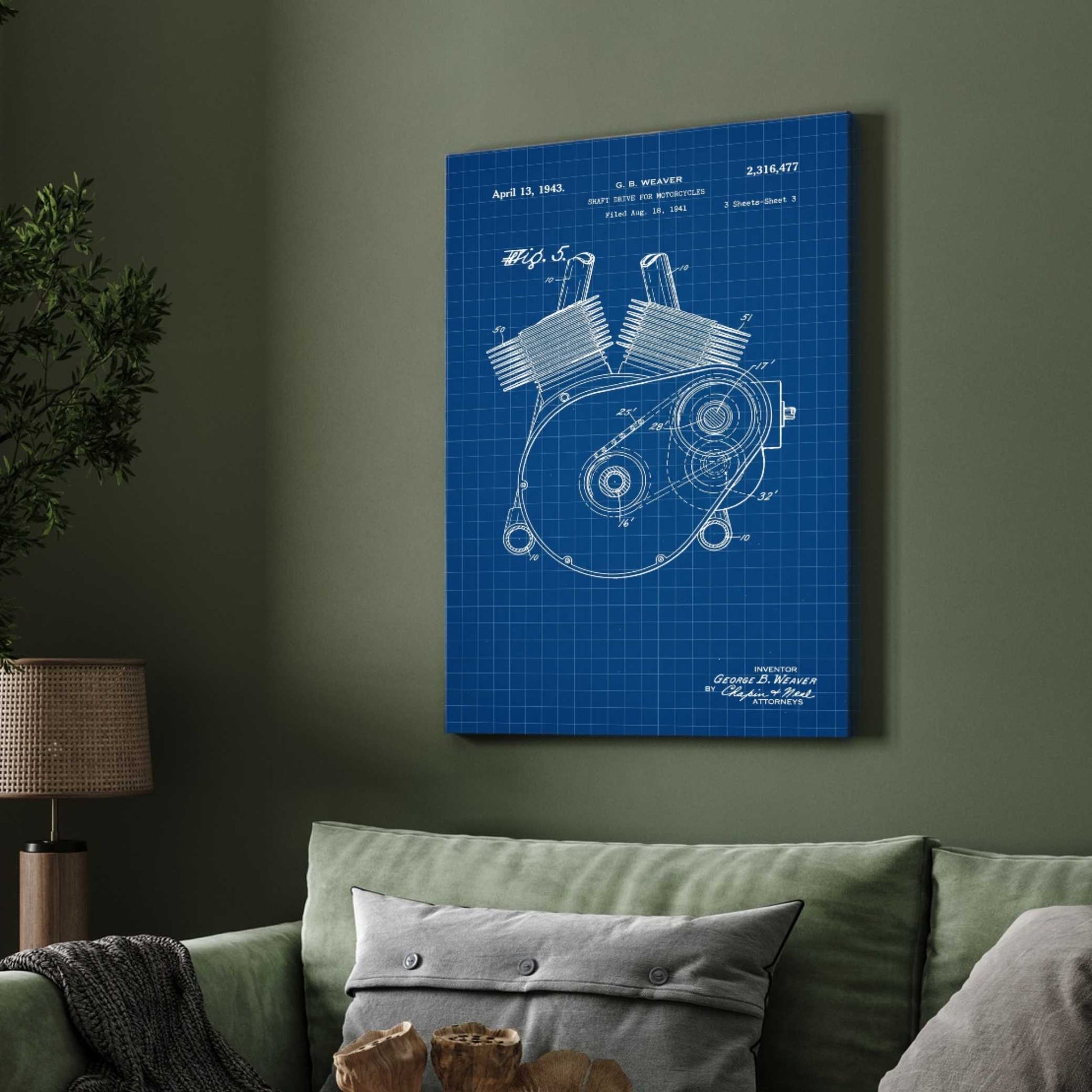 Vintage 1943 Motorcycle Shaft Drive Patent Print | Vertical Blueprint Framed Wall Art 2 : 3 Vertical Premium Wall Art Canvas by MeriDeewar