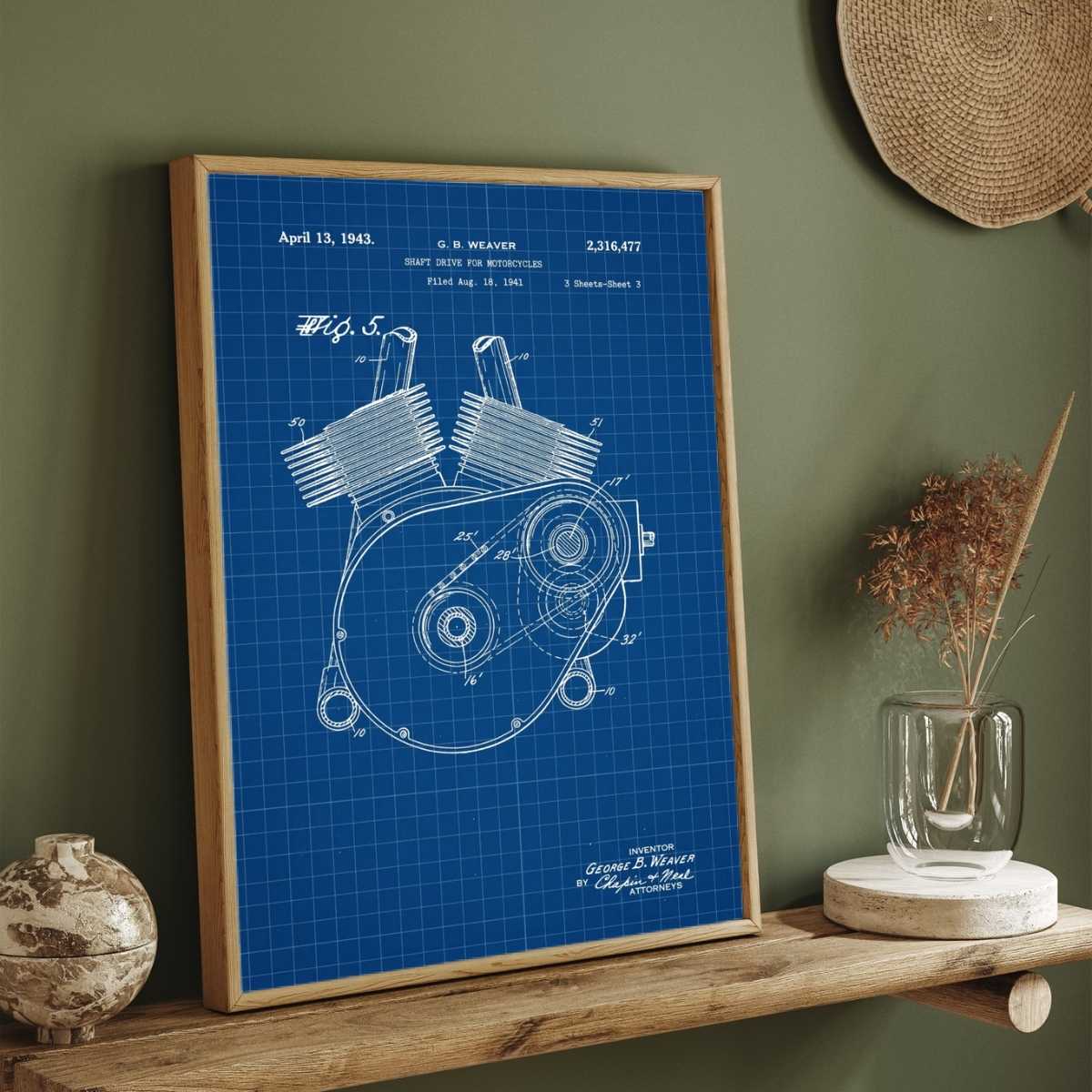 Vintage 1943 Motorcycle Shaft Drive Patent Print | Vertical Blueprint Framed Wall Art 2 : 3 Vertical Premium Wall Art Canvas by MeriDeewar