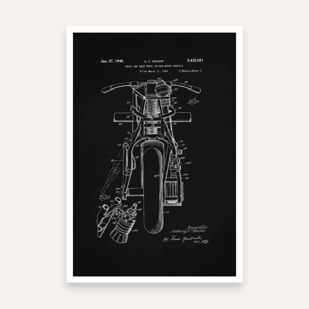 Vintage 1948 All-Wheel Drive Motorcycle Patent Print | Vertical Chalkboard Framed Wall Art 2 : 3 Vertical Premium Wall Art Canvas by MeriDeewar