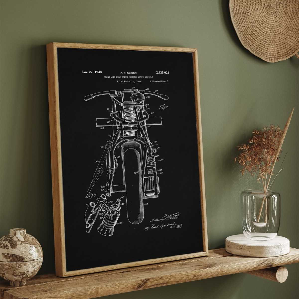 Vintage 1948 All-Wheel Drive Motorcycle Patent Print | Vertical Chalkboard Framed Wall Art 2 : 3 Vertical Premium Wall Art Canvas by MeriDeewar