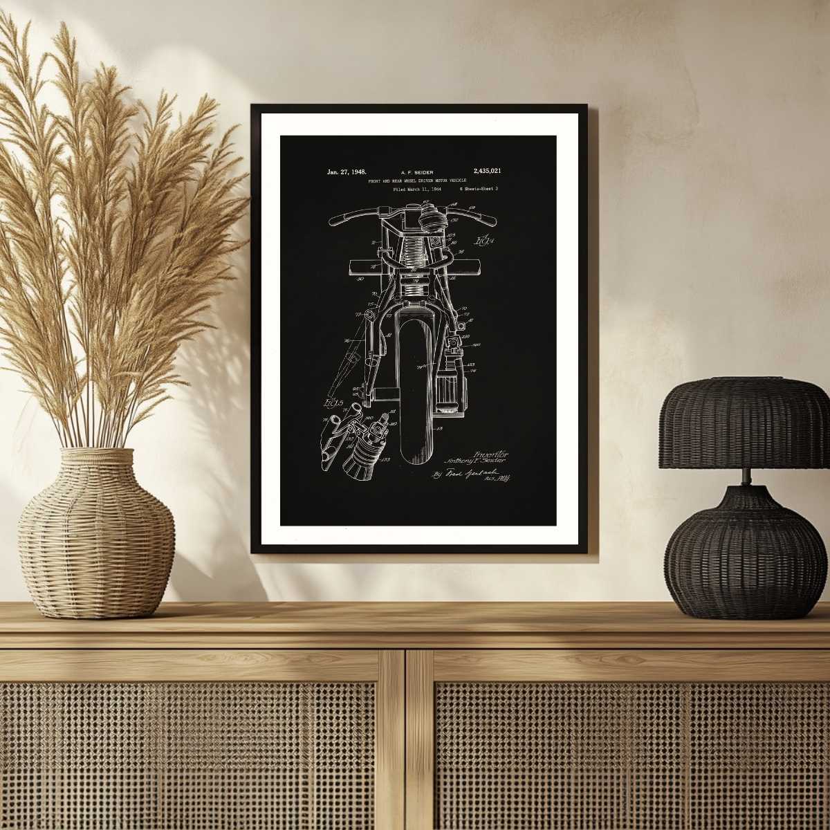 Vintage 1948 All-Wheel Drive Motorcycle Patent Print | Vertical Chalkboard Framed Wall Art 2 : 3 Vertical Premium Wall Art Canvas by MeriDeewar