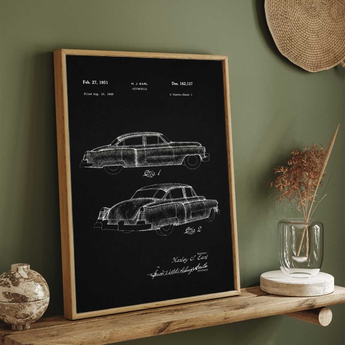 Vintage 1951 Automobile Design Patent Print | Vertical Chalkboard Framed Wall Art 2 : 3 Vertical Premium Wall Art Canvas by MeriDeewar