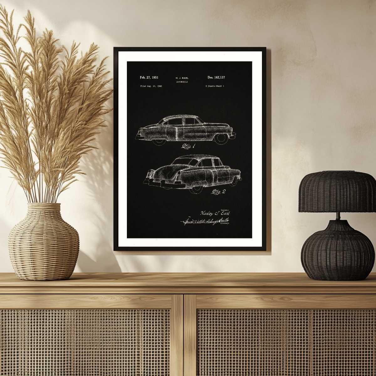 Vintage 1951 Automobile Design Patent Print | Vertical Chalkboard Framed Wall Art 2 : 3 Vertical Premium Wall Art Canvas by MeriDeewar
